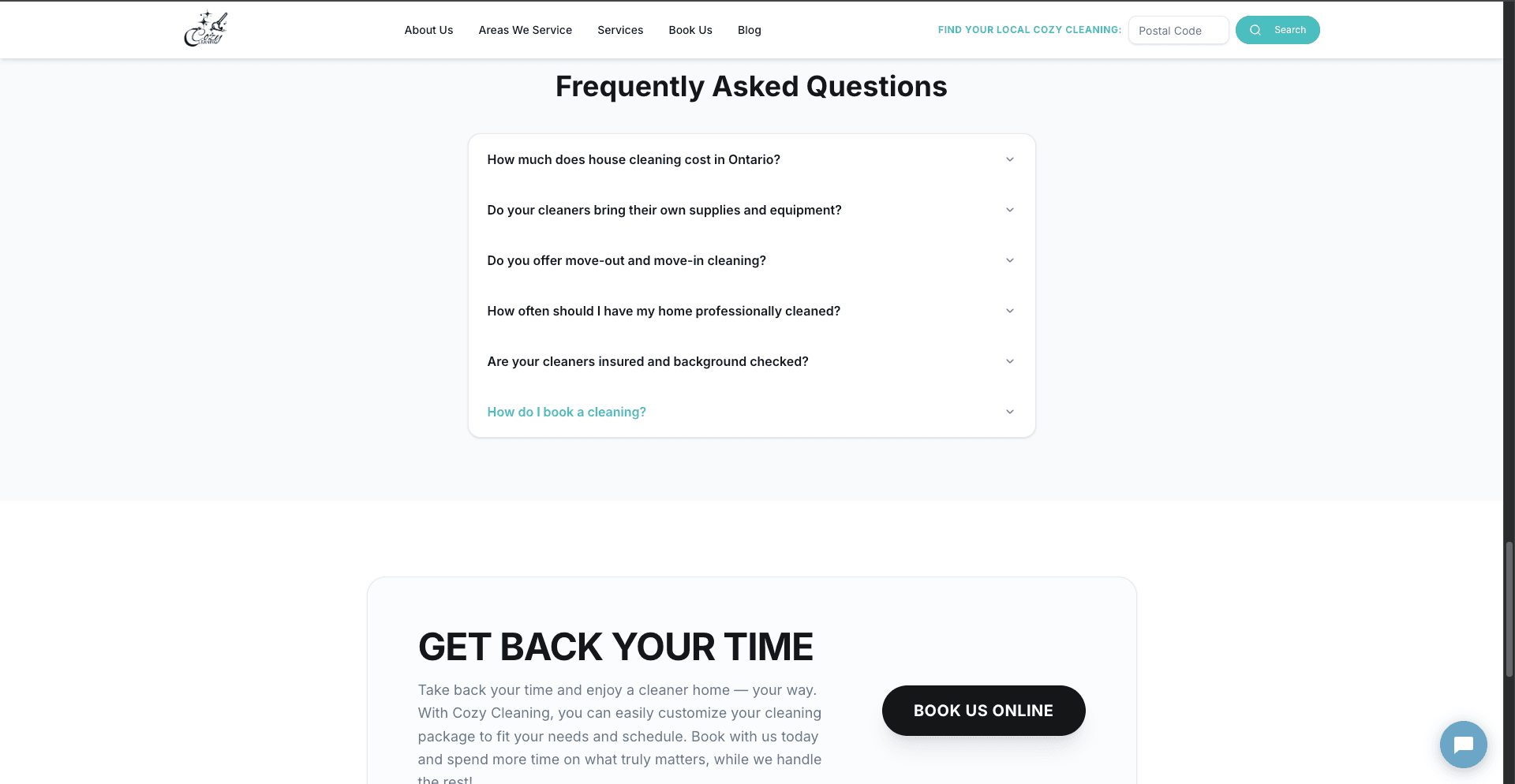 Cozy Cleaning FAQ and call to action