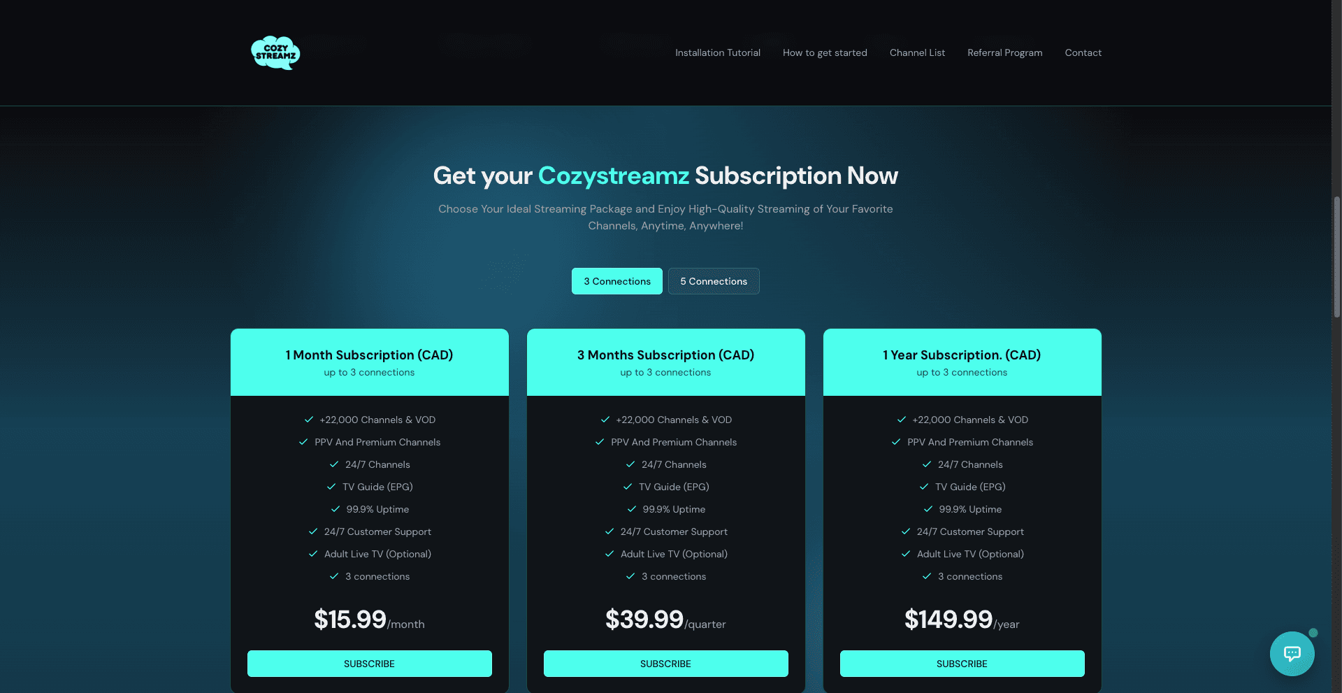 CozyStreamz subscription pricing section